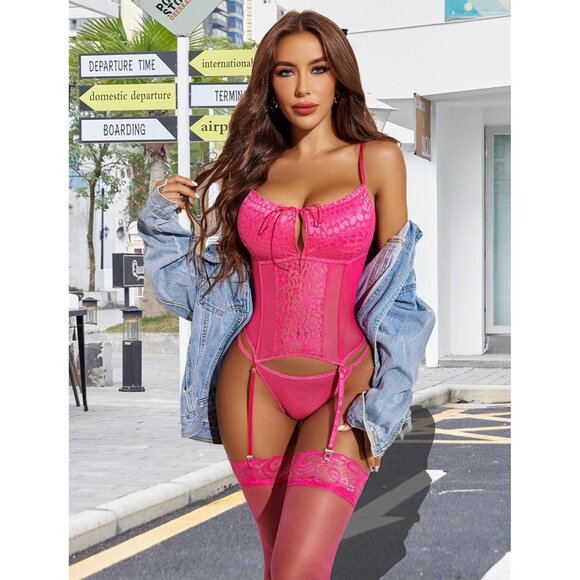 Women Rose Red Garter Lingerie Set Tummy Control Teddy Boudoir Outfits - Picture 5 of 7